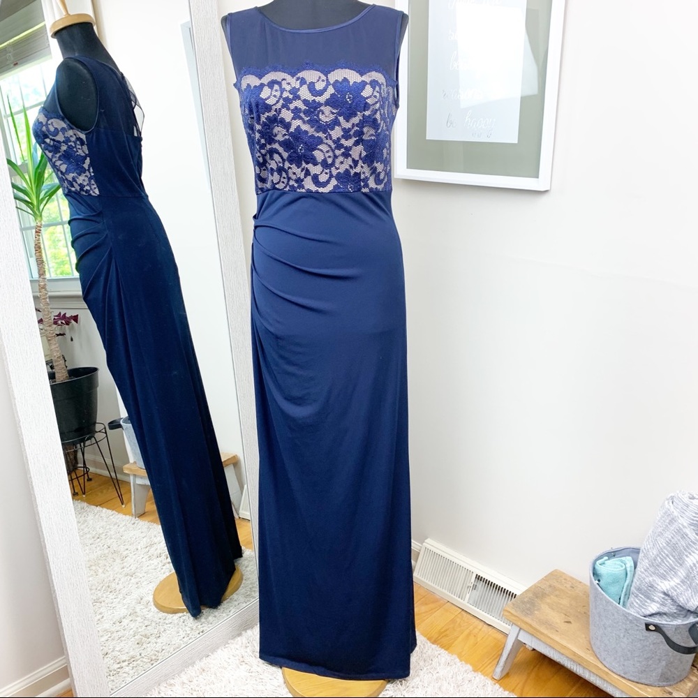 Eliza J Illusion Neckline Navy Blue Maxi Dress A3